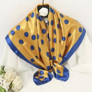 💛 Golden Polka Collection 💙ผ้าพันคอแฟชั่นลายจุดโทนสีเหลืองทองตัดน้ำเงิน เนื้อผ้าซาตินพรีเมียม สัมผัสนุ่มลื่น