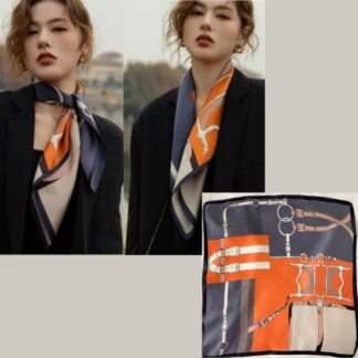 🧡 ผ้าพันคอซาตินดีไซน์หรู โทนส้ม–กรม ตัดลายสายหนังและอะไหล่สไตล์คลาสสิก✨ เนื้อผ้าซาตินพรีเมียม