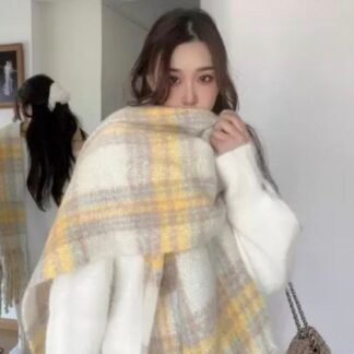 🧣 ผ้าพันคอไหมพรมลายตาราง โทนครีม-เหลืองพาสเทล✨ เนื้อผ้านุ่ม ฟู อุ่นสบาย ผืนใหญ่💝 ราคาส่ง ครึ่งโหล 6 ผืน